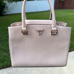 GUESS Alexie Logo Girlfriend Satchel in pale pink faux leather
